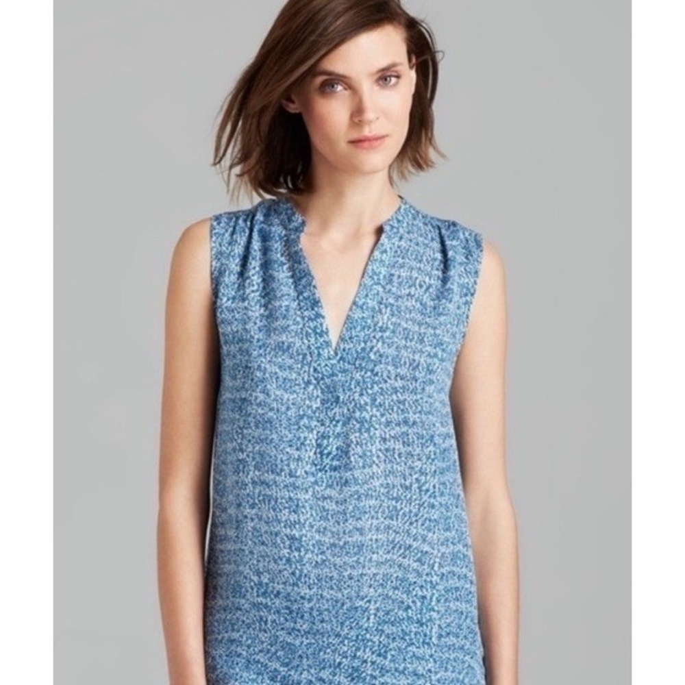 Vince Womens Silk Chiffon Spotted Print Sleeveless V-Neck Blouse Blue Size S/P